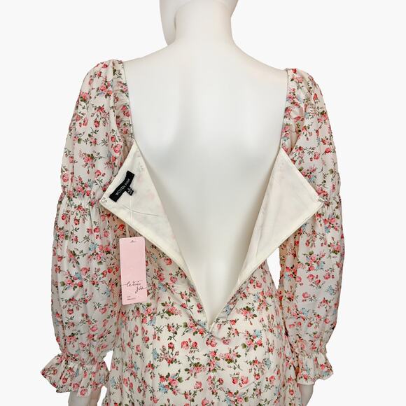 NWT WOVEN PINK Floral Puff Sleeve Mini Dress (Cream | Size S) - Picture 8 of 10